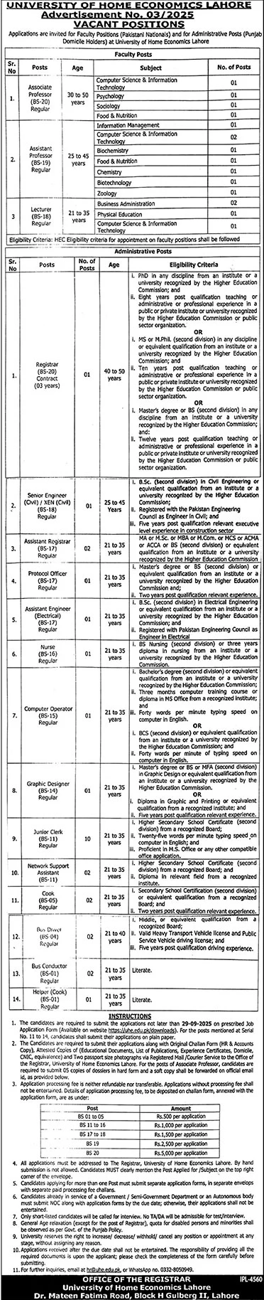 Jobs in University of Home Economics Lahore